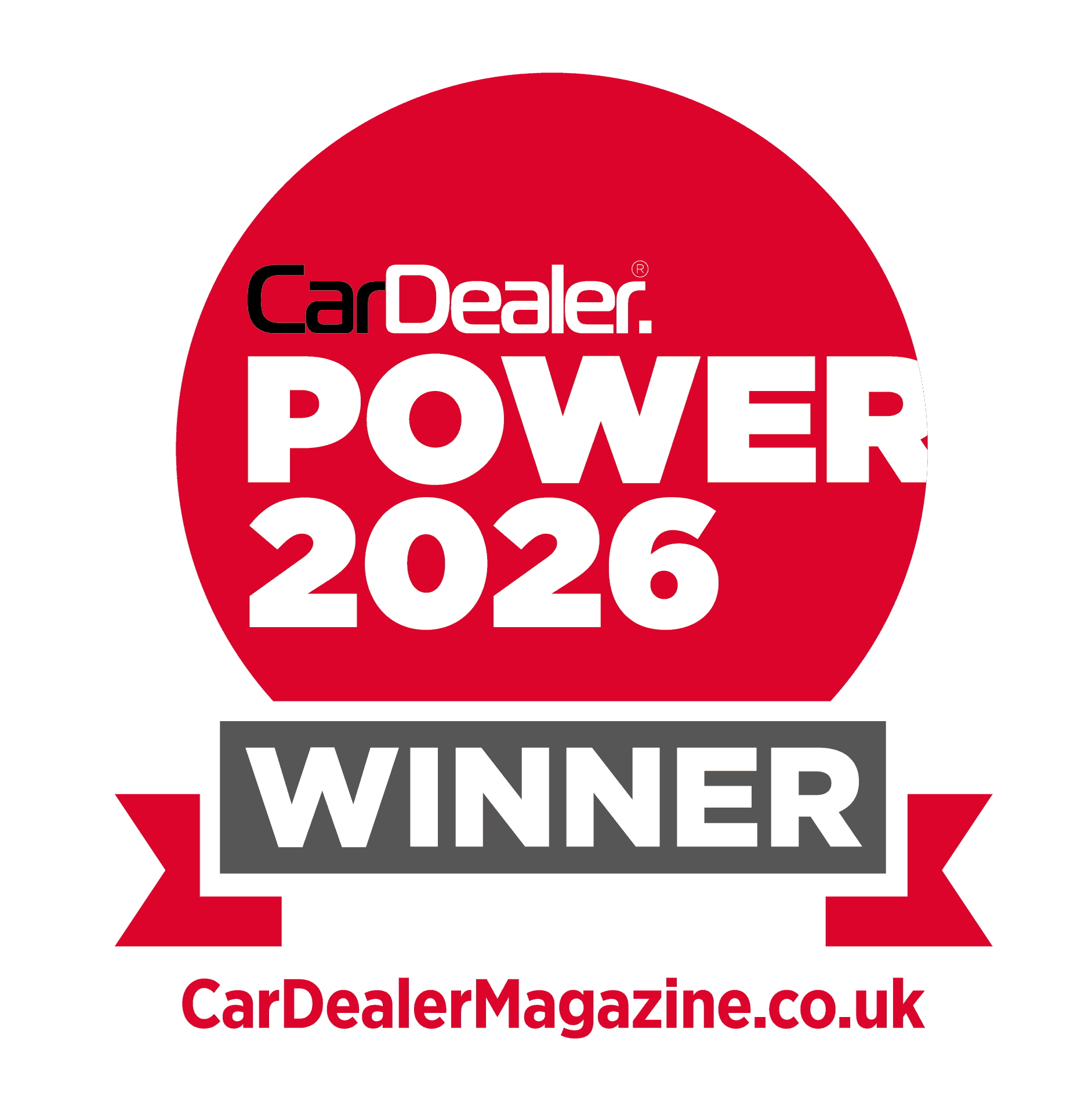 CarDealer Power 2026 Winner award logo on a red and gray badge.